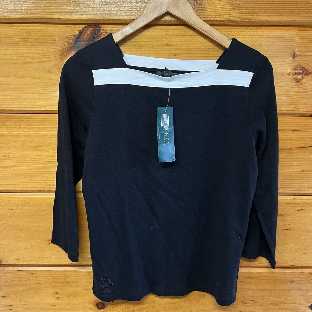Ralph Lauren Shirt Top Blouse Size M Boatneck 3/4 Sleeve NWT Black White Cotton